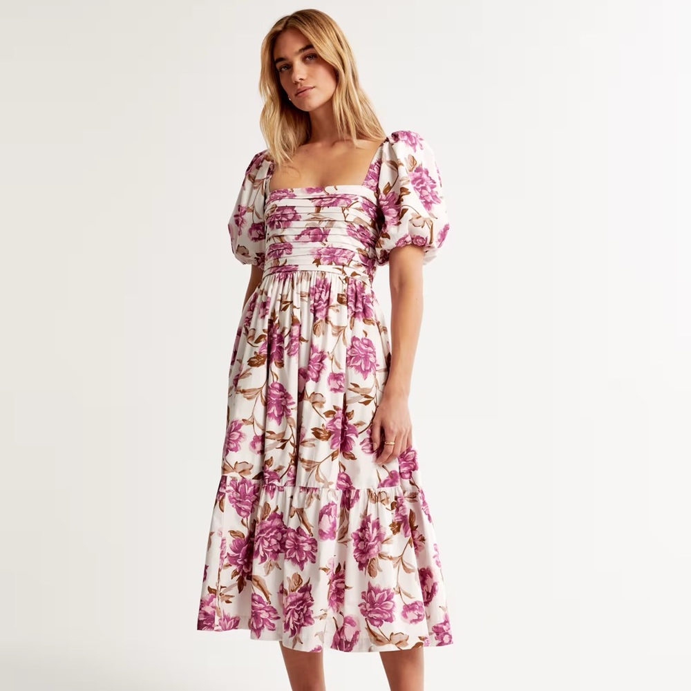Abercrombie & Fitch Emerson Poplin Puff Sleeve Midi Dress White Print - Size M